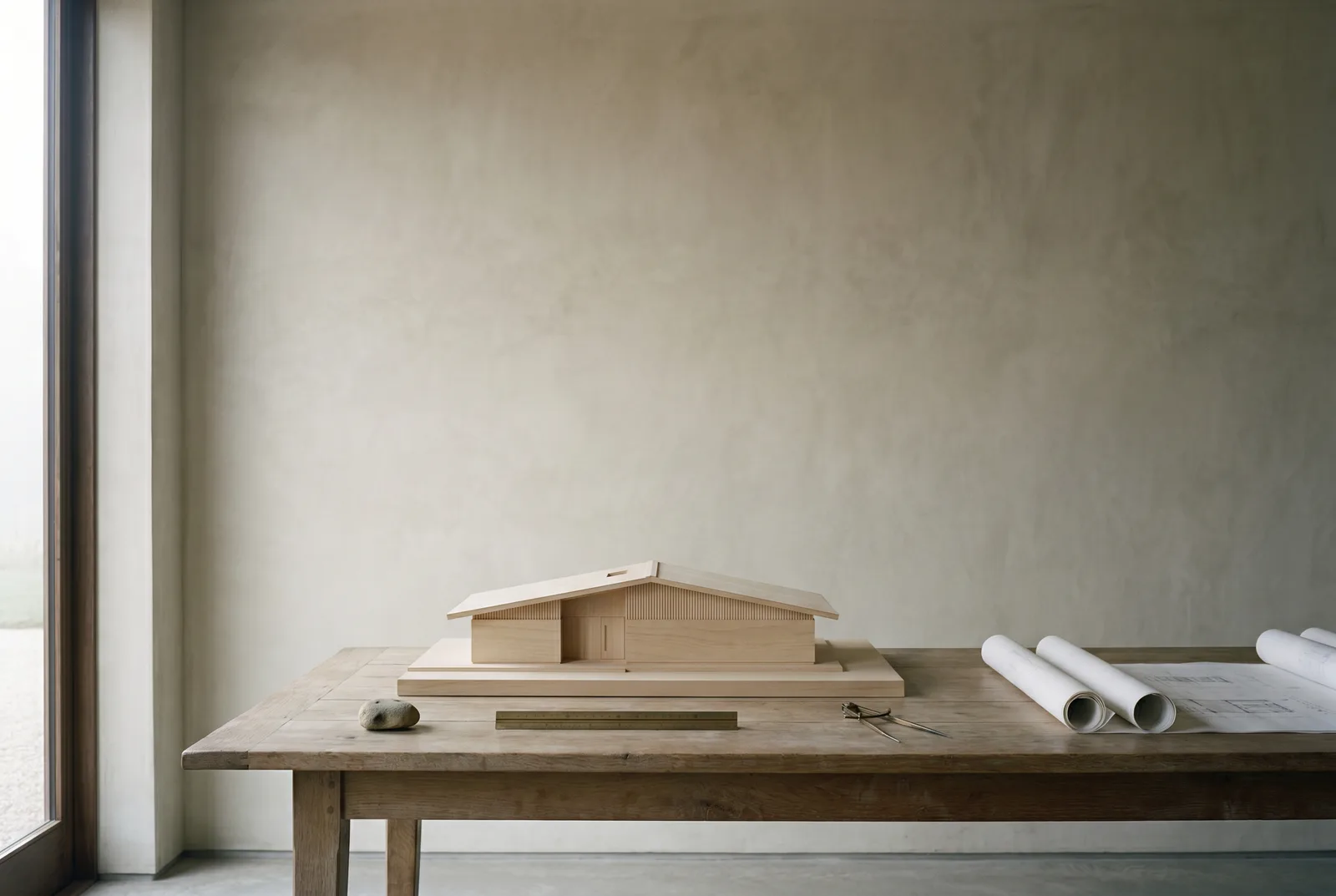 The studio's long oak work-table holding a basswood model of the house, rolled drawings, a bronze scale rule and one small stone.